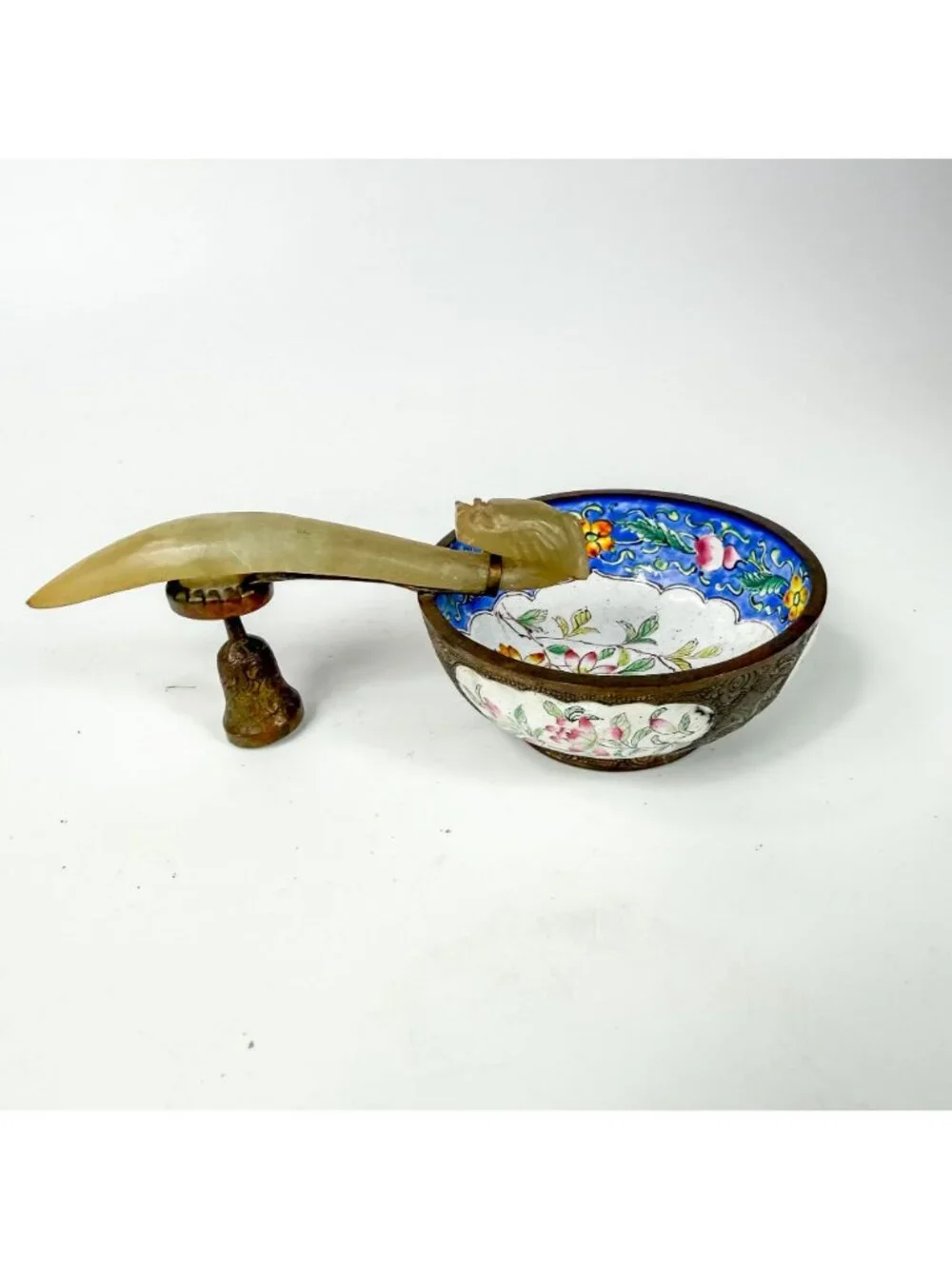 Antique Chinese Enameled Floral Jade Nephrite Hook Handle Bowl